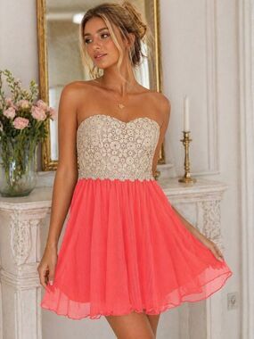 Deb Strapless Lace Tulle Dress Size 5 Coral Cream Coquette Party Formal